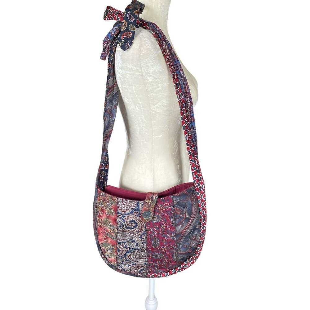 Nyxxie women's handmade from vintage ties burgundy and blue paisley shoulder bag